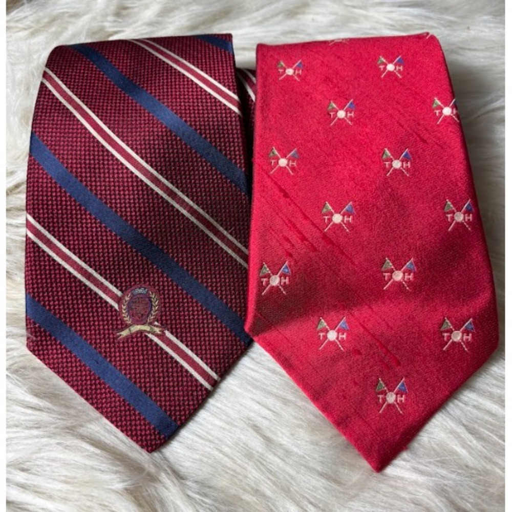 Tommy Hilfiger Silk Tie Lot 2 Mens Red Blue Crest Logo 90s Preppy Vintage‎